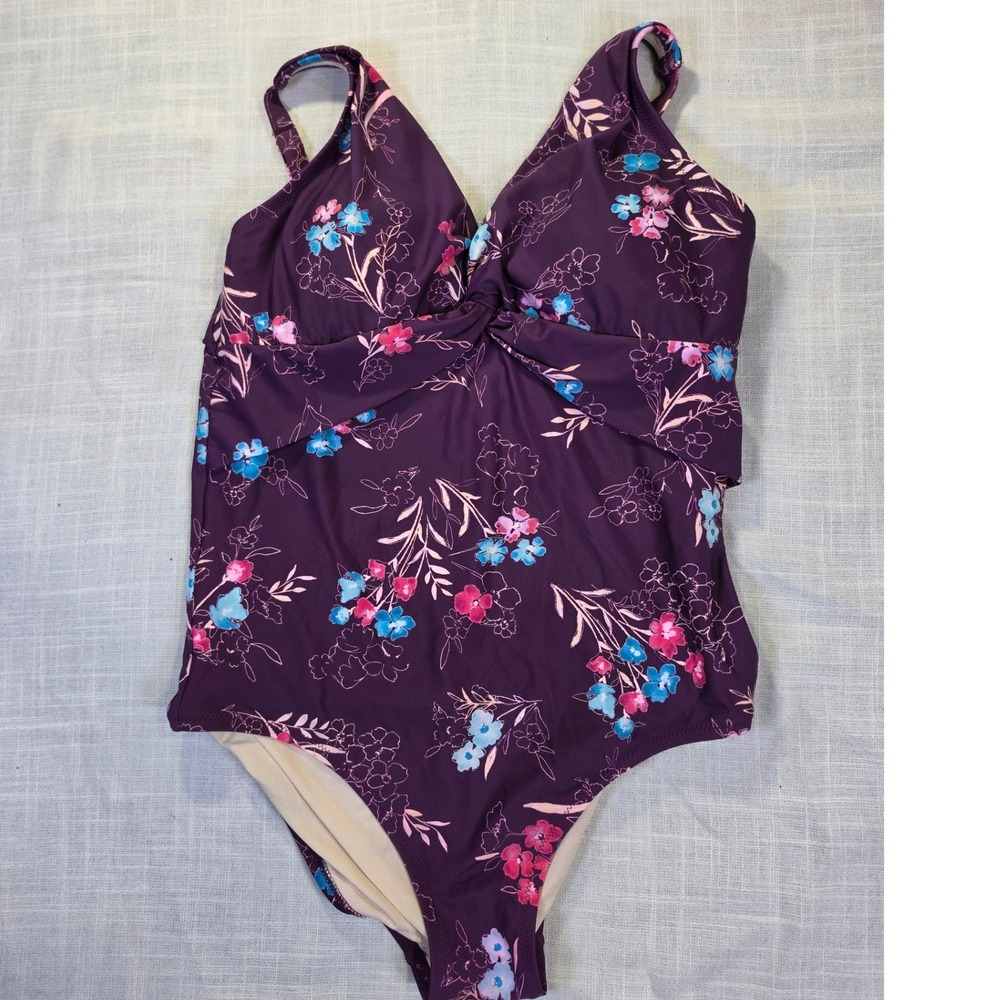 Carole Hochman Purple Floral Twist Front One Piece Swimsuit Size 12 RN 19109